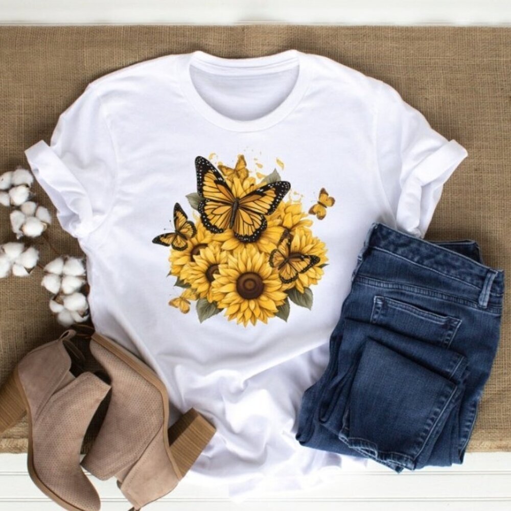 Sunflower Shirt Sunflower Butterfly Design Botanical Shirt Summer Shirt